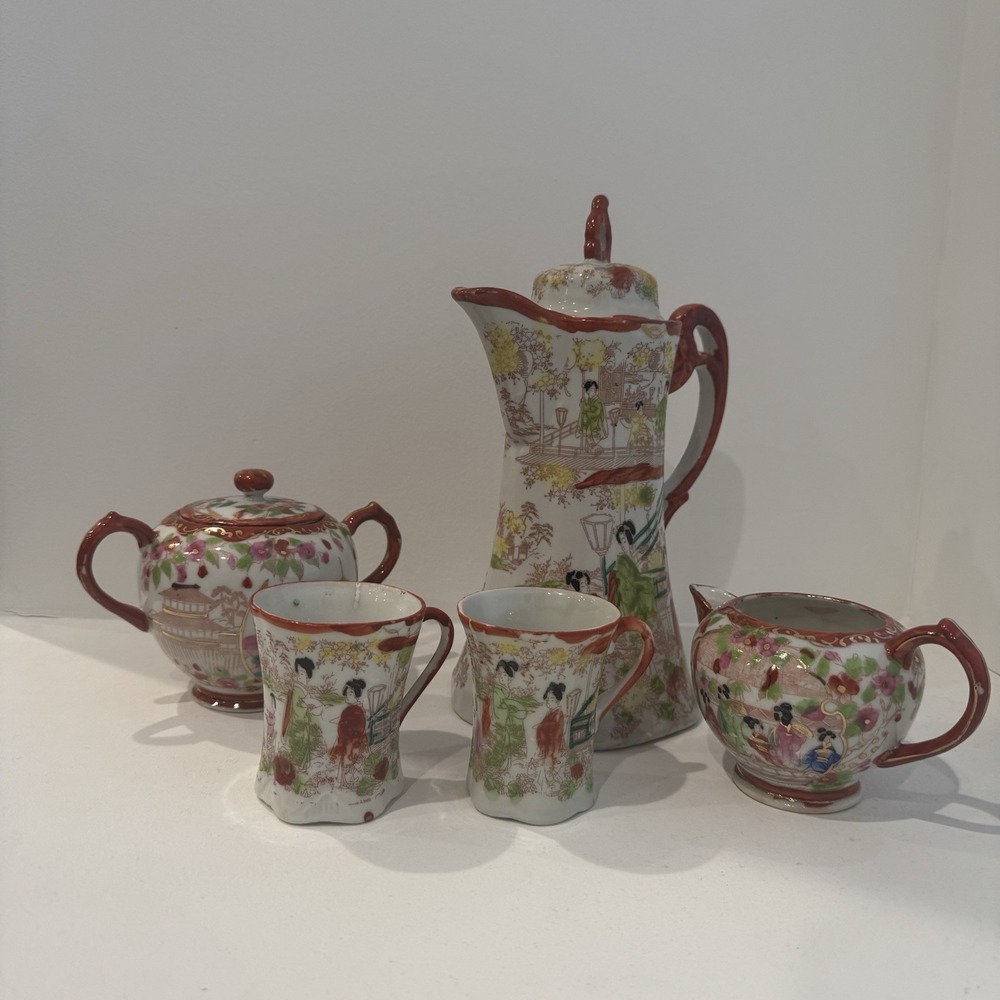 Beautiful Vintage Japanese Hand Painted Set: Tea Pot Tea Cups Sugar & Milk Jar